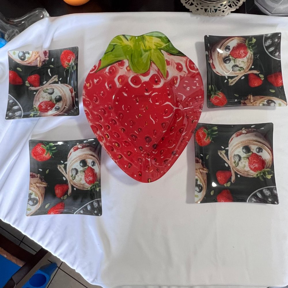 Stokes Strawberry Glass Large Bowl with Serving Dish Plates Lot of 5